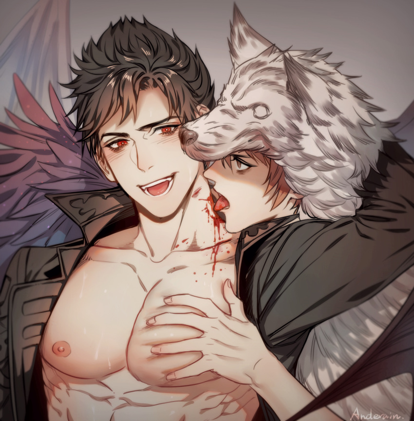 2boys abs anderain bare_pectorals bat_wings belial_(granblue_fantasy) berserker_(granblue_fantasy) black_hair blood blush demon_wings feather_boa grabbing gran_(granblue_fantasy) granblue_fantasy highres jacket licking licking_neck male_focus multiple_boys nipples open_clothes open_jacket pectoral_grab pectorals short_hair smile toned toned_male wings wolf_hood yaoi