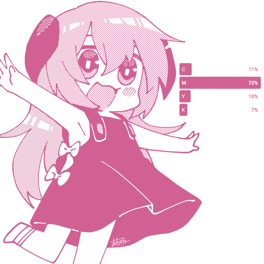 1girl :3 armpits bow chibi commentary_request dress hair_between_eyes halftone hanyuu highres higurashi_no_naku_koro_ni horns long_hair momotarekawa monochrome open_mouth outstretched_arms pink_theme shoes signature simple_background smile solo spread_arms standing standing_on_one_leg sundress very_long_hair