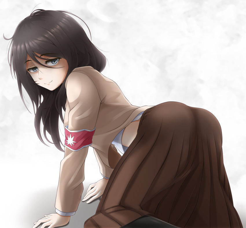 1girl absurdres all_fours armband ass brown_hair brown_shirt brown_skirt commentary_request eva_16-gouki highres light_blue_eyes long_hair looking_at_viewer looking_back marley_military_uniform messy_hair pieck_finger shingeki_no_kyojin shirt skirt smile solo white_shirt