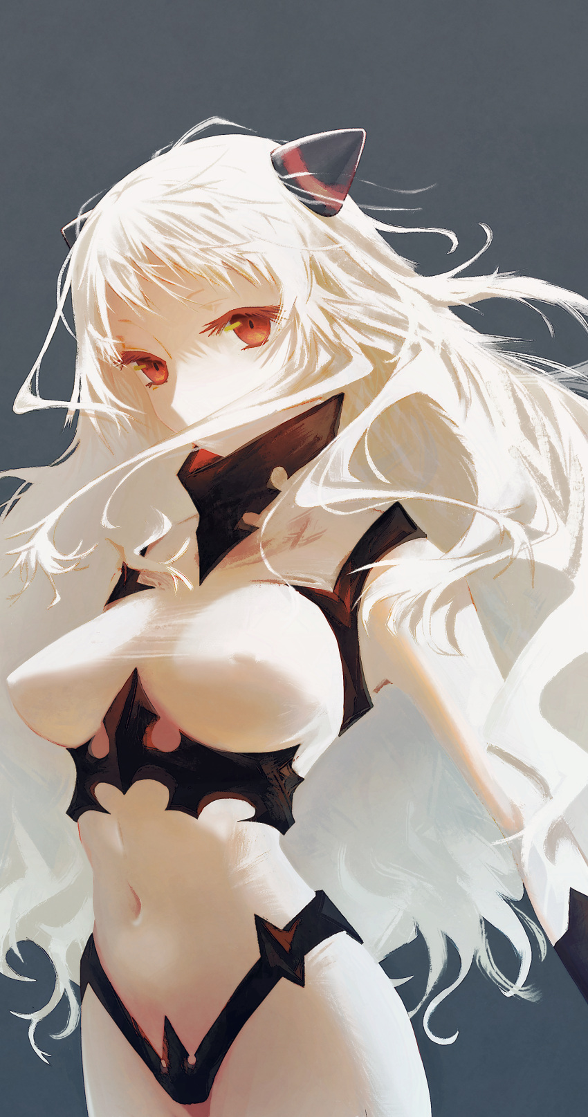1girl absurdres abyssal_ship airfield_princess breasts covered_nipples cowboy_shot ffgghhjj floating_hair grey_background hair_over_mouth highres horns kantai_collection large_breasts long_hair looking_at_viewer navel orange_eyes red_eyes simple_background solo standing very_long_hair white_hair