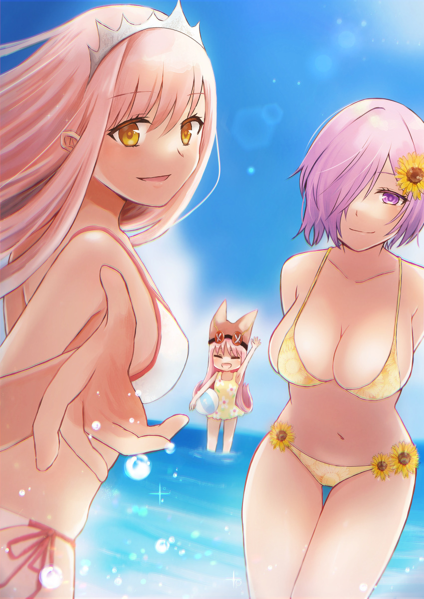 3girls absurdres alternate_costume arm_up armpits arms_behind_back ball bangs beachball bikini blue_sky breasts cleavage closed_eyes closed_mouth cloud collarbone commentary_request day eyebrows_visible_through_hair fate/grand_order fate_(series) floral_print flower habetrot_(fate) hair_between_eyes hair_flower hair_ornament hair_over_one_eye hat highres holding holding_ball karen1o27 large_breasts light_purple_hair long_hair looking_at_viewer mash_kyrielight medb_(fate) multiple_girls navel ocean one-piece_swimsuit one_eye_covered open_mouth outdoors outstretched_arm pink_hair pink_headwear purple_eyes short_hair side-tie_bikini size_difference sky smile string_bikini sunflower sunflower_hair_ornament sunlight swimsuit tiara wading water white_bikini white_swimsuit yellow_bikini yellow_eyes yellow_flower yellow_swimsuit