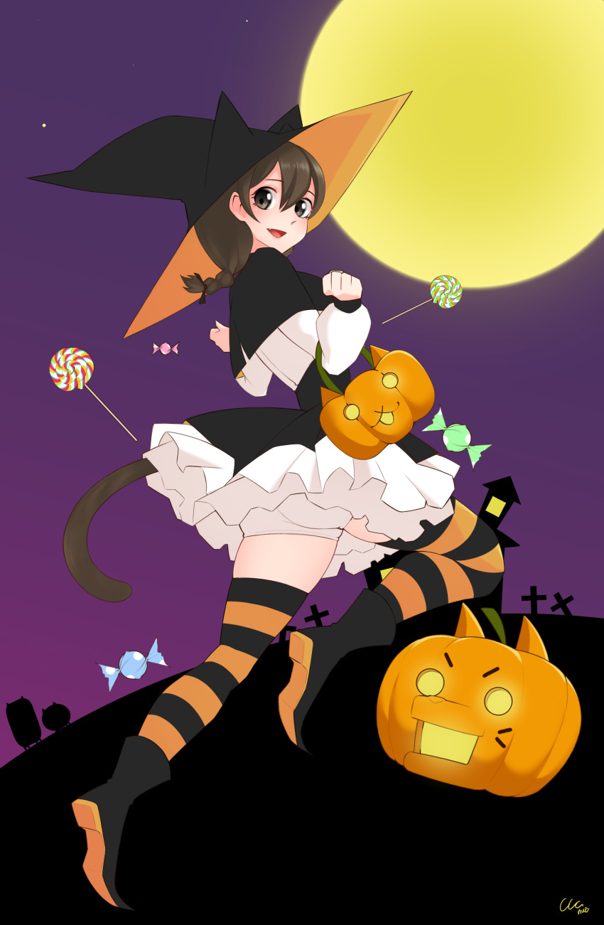1girl absurdres ass black_eyes black_footwear bloomers braid breasts brown_hair candy cat_(nyanko_daisensou) cat_tail cow_coconut doggy_(nyanko_daisensou) food halloween_costume hat highres jack-o'-lantern lollipop mansion minya_(nyanko_daisensou) moon nyanko_daisensou striped striped_legwear tail tombstone trick-or-treating underwear witch_hat