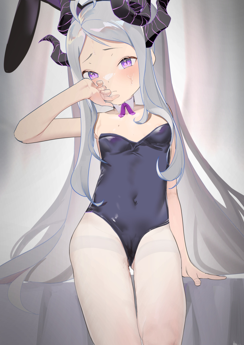 1girl ahoge animal_ears blue_archive blush breasts covered_navel covered_nipples fake_animal_ears grey_hair highres hina_(blue_archive) horns long_hair looking_at_viewer md5_mismatch nuda pantyhose playboy_bunny purple_eyes pussy_juice_stain rabbit_ears small_breasts solo sweat thighband_pantyhose very_long_hair white_legwear