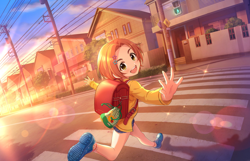 1girl artist_request backpack bag blush child cloud cloudy_sky crosswalk hair_ornament hairclip holding_strap house idolmaster idolmaster_cinderella_girls idolmaster_cinderella_girls_starlight_stage long_sleeves looking_at_viewer official_art open_mouth orange_hair outdoors outstretched_arms randoseru road running ryuuzaki_kaoru shoes short_hair shorts sky smile sneakers socks solo street sunset tree yellow_eyes
