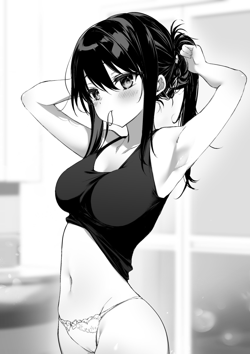 1girl absurdres armpits arms_behind_head arms_up bangs bare_arms blush breasts clothes_lift commentary_request cowboy_shot greyscale hair_between_eyes hair_tie_in_mouth highres indoors kurimochi_chizuru large_breasts long_hair looking_at_viewer monochrome mouth_hold navel no_pants original panties ponytail shirt shirt_lift sidelocks sleeveless sleeveless_shirt solo standing stomach tank_top tying_hair underwear