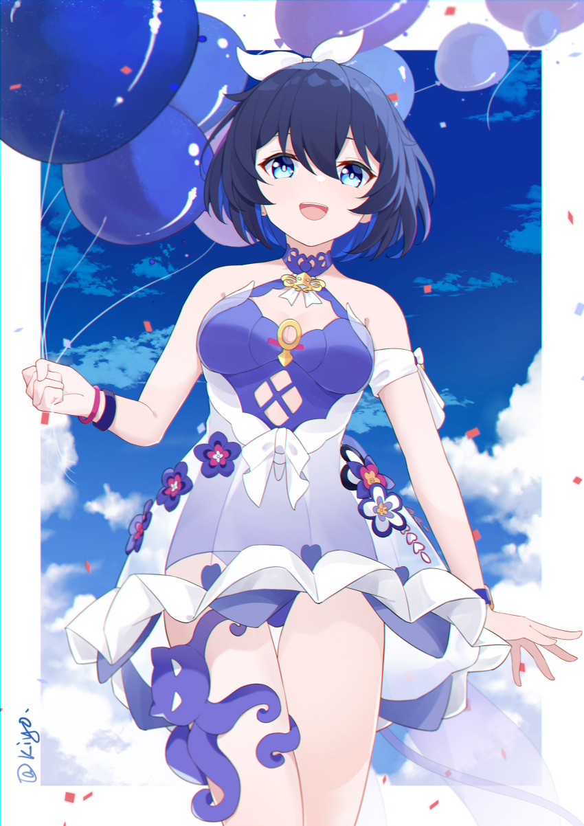 1girl :d absurdres artist_name balloon bangs blue_eyes blue_hair blue_sky blue_swimsuit border bracelet casual_one-piece_swimsuit cloud cloudy_sky hair_between_eyes hair_ribbon headband highres holding holding_balloon honkai_(series) honkai_impact_3rd jewelry one-piece_swimsuit open_mouth qingxiao_kiyokiyo ribbon see-through_dress seele_vollerei seele_vollerei_(stygian_nymph) short_hair sky smile solo swimsuit