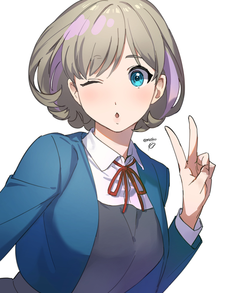 1girl ;o banababa bangs blue_eyes blue_jacket breasts collared_shirt cropped_jacket dress_shirt grey_hair grey_skirt grey_vest highres jacket light_brown_hair long_sleeves looking_at_viewer love_live! love_live!_superstar!! medium_breasts multicolored_hair neck_ribbon one_eye_closed parted_lips purple_hair red_ribbon ribbon school_uniform shirt short_hair simple_background skirt solo streaked_hair swept_bangs tang_keke upper_body v vest white_background white_shirt winter_uniform yuigaoka_school_uniform