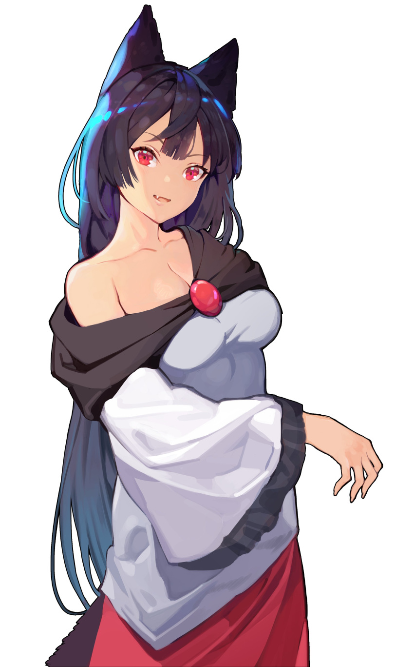 1girl absurdres alternate_hair_color animal_ears black_hair breasts brooch collarbone dress fang highres imaizumi_kagerou jewelry large_breasts long_hair long_sleeves off-shoulder_dress off_shoulder onion_(onion_and_pi-natto) open_mouth red_eyes simple_background smile solo touhou v-shaped_eyebrows white_background white_dress wide_sleeves wolf_ears