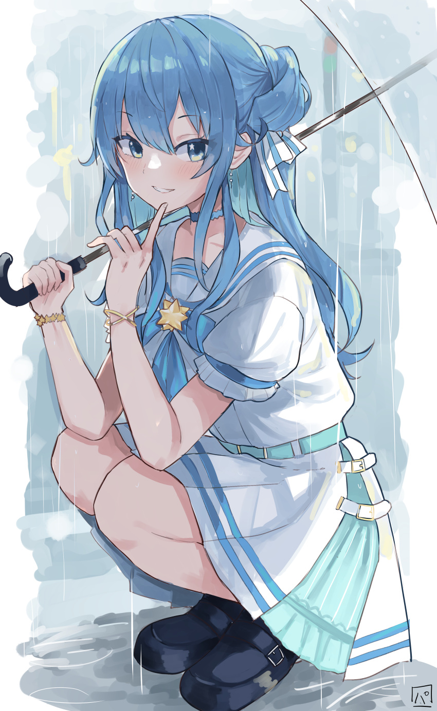 1girl absurdres bangs bare_legs black_footwear blouse blue_hair blue_neckerchief blue_ribbon bracelet commentary earrings elbows_on_knees finger_to_own_chin hair_between_eyes hair_ribbon highres holding holding_umbrella hololive hoshimachi_suisei jewelry long_hair looking_at_viewer neck_ribbon neckerchief parted_lips pineapple_(pine) pleated_skirt rain ribbon sailor_collar school_uniform serafuku shoes short_sleeves signature skirt smile solo squatting star_(symbol) star_in_eye symbol_in_eye umbrella uniform virtual_youtuber white_blouse white_sailor_collar white_skirt