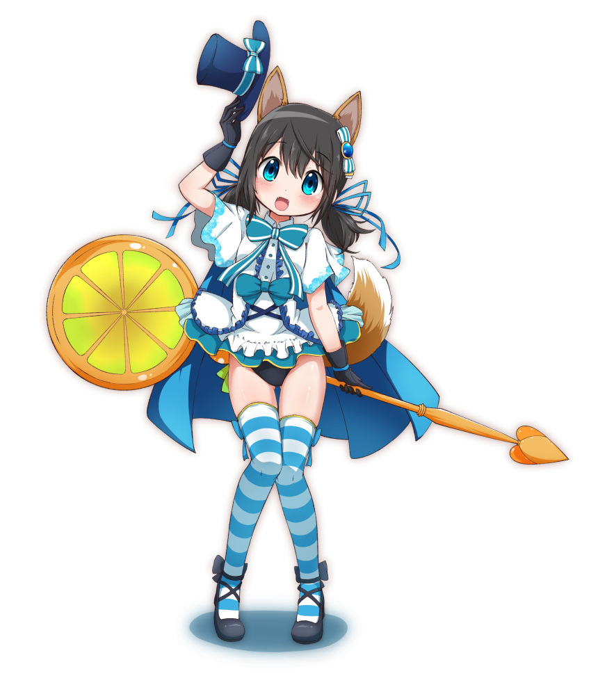 1girl absurdres animal_ears bangs black_footwear black_gloves black_hair black_panties blouse blue_bow blue_bowtie blue_eyes blue_headwear blue_legwear blue_ribbon bow bowtie chiaki_riko commentary dog_ears dog_tail food fruit full_body gloves hair_ornament hair_ribbon halloween halloween_costume hat highres holding holding_clothes holding_hat holding_staff kemonomimi_mode looking_at_viewer low_twintails magia_record:_mahou_shoujo_madoka_magica_gaiden mahou_shoujo_madoka_magica mary_janes medium_hair open_mouth orange_(fruit) orange_slice panties ribbon shadow shoes short_sleeves simple_background smile solo staff standing tail thigh_gap thighhighs top_hat twintails underwear white_background white_blouse yanmaami