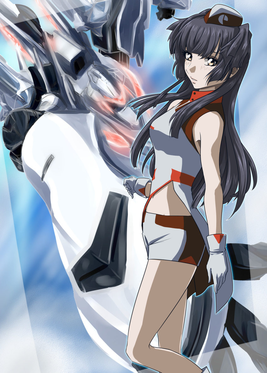 1girl akaico_ume bike_shorts black_hair breasts clenched_hand crossover dress highres hirai_hisashi_(style) idolmaster idolmaster_shiny_colors mark_sein mayuzumi_fuyuko mecha medium_breasts open_hand parody parted_lips science_fiction shorts soukyuu_no_fafner style_parody two_side_up visor white_headwear white_shorts yellow_eyes