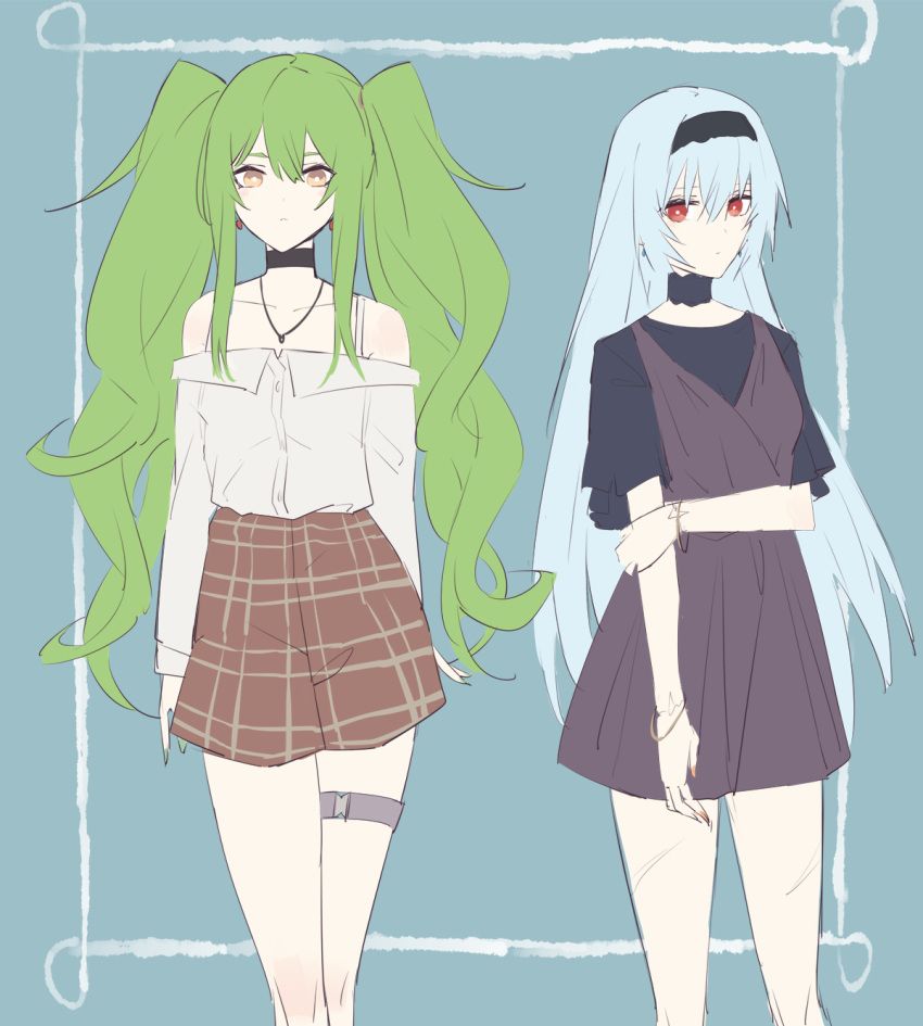 2girls black_choker black_hairband black_shirt blue_hair bracelet breasts brown_dress checkered checkered_skirt choker closed_mouth collarbone dress earrings eyebrows_visible_through_hair feet_out_of_frame fingernails girls'_frontline green_hair hair_ornament hairband hairclip highres holding_own_arm jewelry long_hair looking_at_viewer m950a_(girls'_frontline) multiple_girls nail_polish necklace orange_nails red_eyes shirt simple_background skirt small_breasts standing sutaa_dasuto-kun thunder_(girls'_frontline) twintails white_shirt yellow_eyes