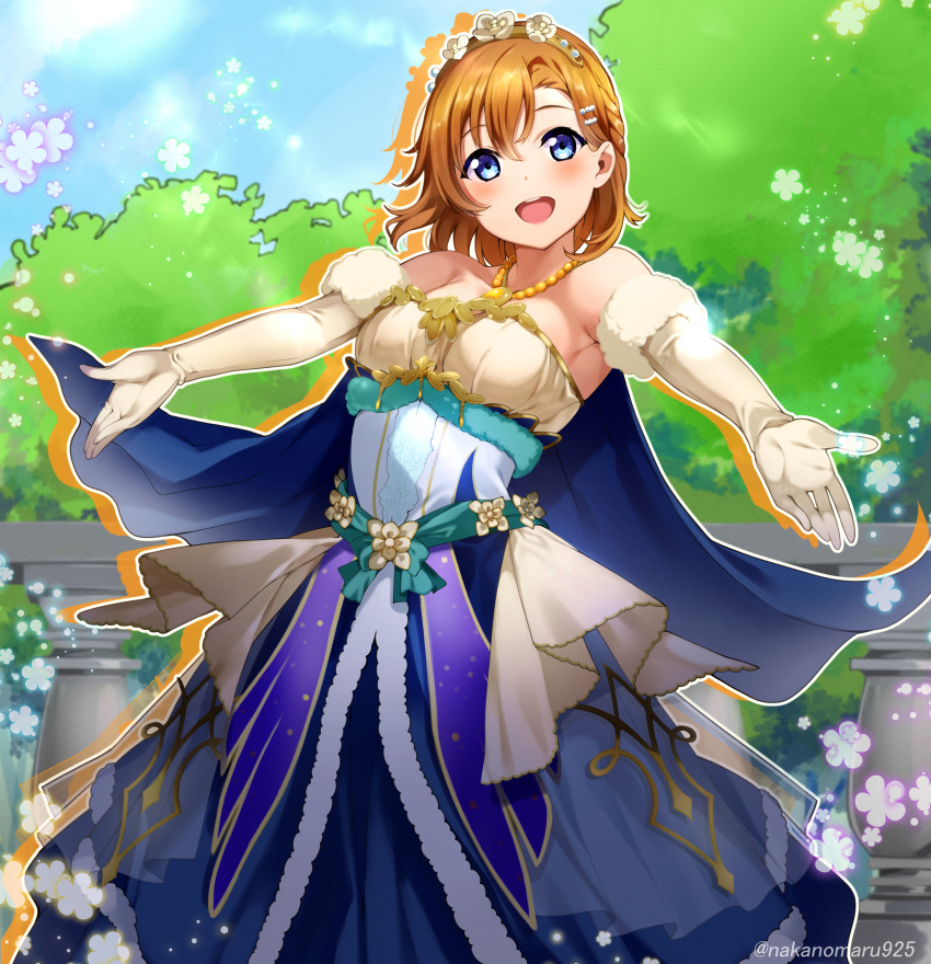 1girl :d absurdres alternate_costume alternate_hairstyle bare_shoulders blue_cape blue_eyes blush breasts cape commentary dress elbow_gloves frilled_dress frills fur-trimmed_gloves fur_trim gloves hair_ornament hairclip head_wreath highres jewelry kousaka_honoka long_dress looking_at_viewer love_live! love_live!_school_idol_project nakano_maru necklace orange_hair outstretched_arms short_hair small_breasts smile solo strapless strapless_dress teeth upper_teeth white_gloves