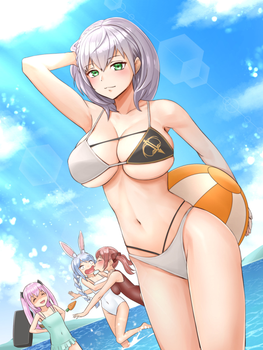 4girls animal_ears ball beachball bikini blue_hair blue_sky braid breasts carrot closed_eyes cloud commentary_request constricted_pupils covered_navel dutch_angle flat_chest green_eyes highres holding holding_mallet hololive houshou_marine impossible_clothes impossible_swimsuit large_breasts lens_flare mallet multicolored_bikini multicolored_clothes multiple_girls navel ocean open_mouth pink_hair puckered_lips rabbit_ears rabbit_girl red_hair shirogane_noel silver_hair sky small_breasts sunlight swimsuit twin_braids twintails two_side_up uruha_rushia usada_pekora virtual_youtuber wading white_hair white_swimsuit yoshimi_takeuchiriki yuri