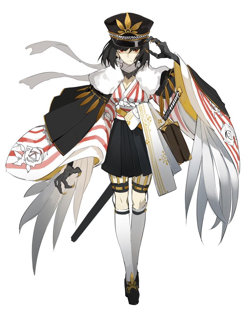 1girl absurdres animal_hands arm_up bird_wings black_cape black_footwear black_hair black_hakama black_headwear black_skirt bob_cut breasts briefcase cape chinese_commentary claws closed_mouth commentary_request eyebrows_behind_hair feathered_wings floral_print fur-trimmed_cape fur_trim garters hakama hakama_skirt hat highres itsumade_(onmyoji) japanese_clothes jpeg_artifacts katana kneehighs long_sleeves medium_breasts multiple_sources nine_(liuyuhao1992) onmyoji orange_eyes peaked_cap rose_print sanpaku scarf sheath sheathed simple_background sketch skirt solo standing straight-on striped sword tachi-e v-shaped_eyebrows v-shaped_eyes weapon white_background white_legwear white_scarf white_wings wide_sleeves winged_arms wings