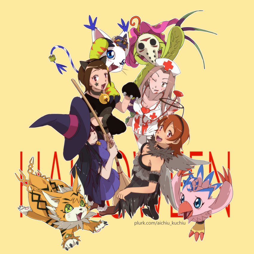 4girls :d ;q aioka_(aichiu_kuchiu) animal_ears bell breasts brown_eyes brown_hair cat_ears character_doll cleavage closed_mouth collarbone digimon digimon_(creature) digimon_adventure_tri. fake_animal_ears fake_halo fang friday_the_13th glasses halloween halloween_costume hat highres jingle_bell long_hair looking_at_viewer mask meicoomon mochizuki_meiko multiple_girls neck_bell nurse nurse_cap one_eye_closed open_mouth palmon piyomon short_hair simple_background smile tachikawa_mimi tailmon takenouchi_sora teeth tongue tongue_out upper_teeth web_address white_headwear witch_hat wizarmon yagami_hikari