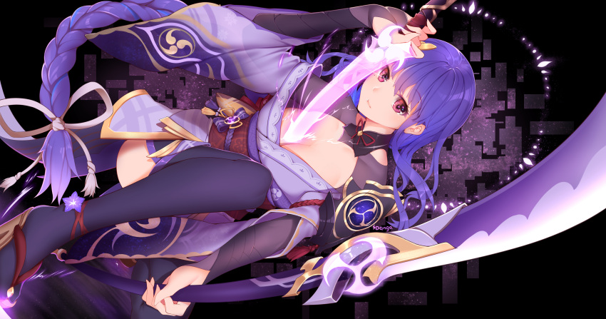 1girl abstract_background absurdres ankle_flower armor braid braided_ponytail breasts bridal_gauntlets choker cleavage dark_background drawing_sword dual_wielding electricity eyebrows_visible_through_hair flower genshin_impact hair_ornament hair_tie hanami_dango_(zzldango) highres holding holding_sword holding_weapon human_scabbard japanese_clothes kimono large_breasts light_smile long_hair looking_at_viewer magic_circle mitsudomoe_(shape) mole mole_under_eye naginata obi obiage obijime polearm print_kimono purple_background purple_eyes purple_flower purple_hair purple_kimono purple_legwear raiden_shogun red_ribbon ribbon ribbon_choker sandals sash short_kimono shoulder_armor solo sword sword_out_of_chest tabi tassel thighhighs tomoe_(symbol) very_long_hair weapon wide_sleeves