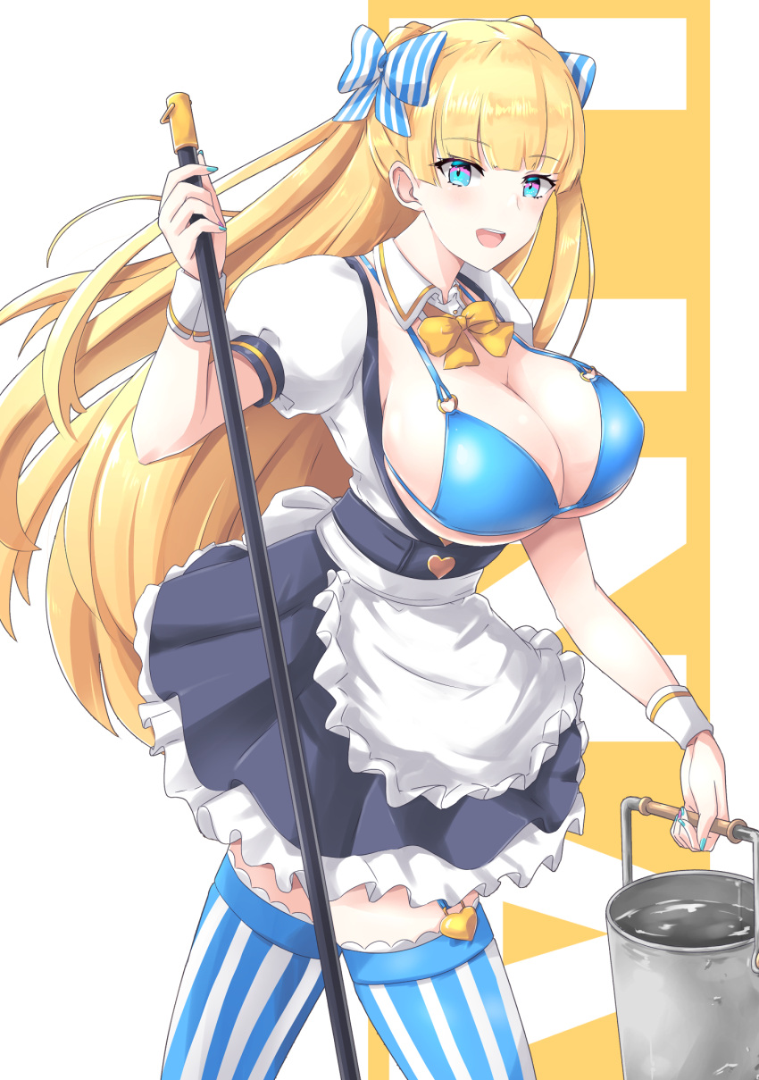 1girl blonde_hair blue_eyes borrowed_character bow breastless_clothes bucket bucket_of_water character_name gudon_(iukhzl) hair_bow heart-shaped_buttons highres lina_(michihasu) long_hair looking_at_viewer mop original smile solo striped striped_bow striped_legwear very_long_hair waitress yellow_neckwear