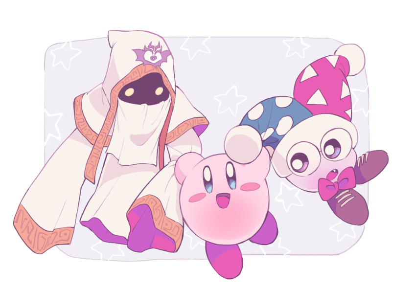 1other 2boys blush blush_stickers border bow bowtie brown_footwear capelet cloak commentary_request emblem fang gold_trim hat hood hood_up hyness jester_cap kirby kirby:_star_allies kirby_(series) kirby_super_star looking_at_another marx mouth_veil multiple_boys no_arms open_mouth purple_eyes red_bow red_bowtie robe roku_(suzusuzu65972012) shaded_face sleeves_past_wrists starry_background veil very_long_sleeves white_border white_cloak white_headwear yellow_eyes