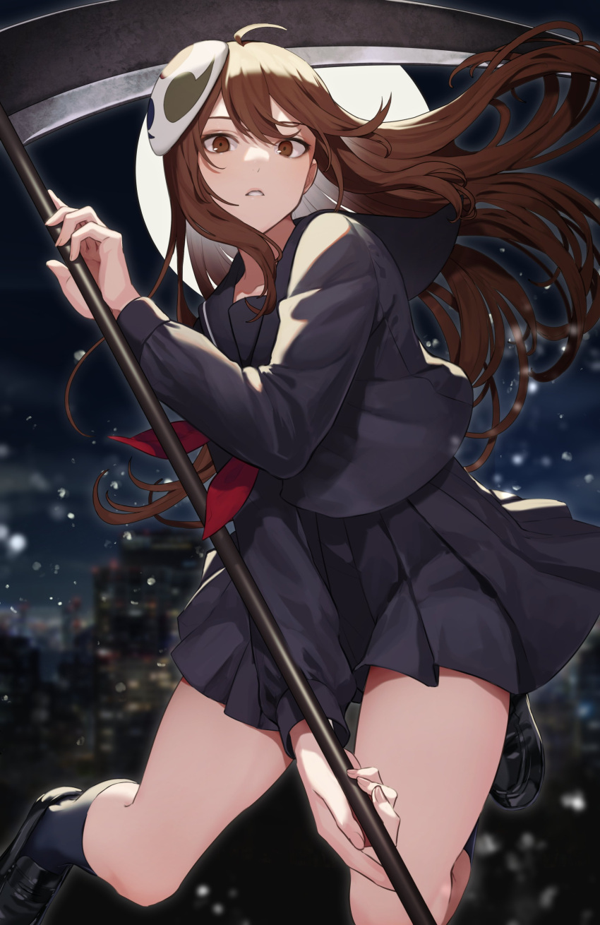 1girl absurdres ahoge bangs black_footwear black_serafuku black_shirt black_skirt blurry blurry_background brown_eyes brown_hair cityscape commission copyright_request hair_between_eyes highres holding holding_weapon long_hair looking_at_viewer moon neckerchief night night_sky pleated_skirt polearm sailor_collar school_uniform scythe serafuku shirt shoes skeb_commission skirt sky solo thighhighs wakahiko weapon