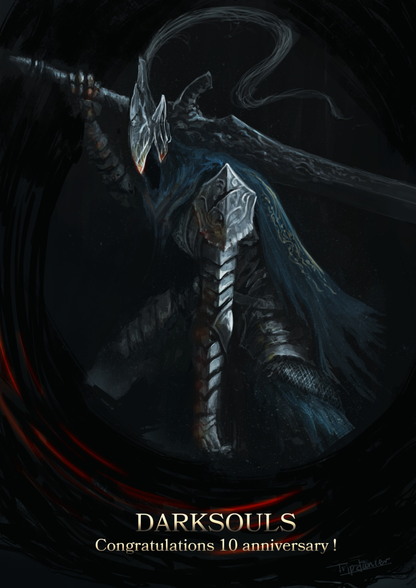 1boy anniversary armor artist_name artorias_the_abysswalker black_background commentary copyright_name dark_souls_(series) dark_souls_i facing_viewer full_armor gauntlets helmet highres holding holding_sword holding_weapon knight male_focus over_shoulder shoulder_armor solo standing sword teeth tripdancer weapon