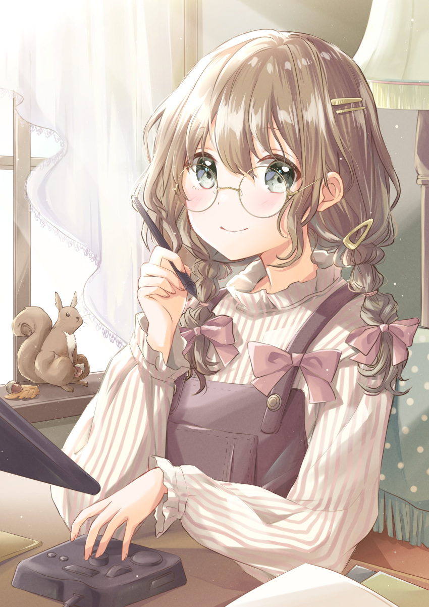 1girl absurdres animal bangs blush bow braid brown_hair closed_mouth curtains desk glasses green_eyes hair_bow hair_ornament hairclip hand_up highres holding holding_pencil hoshiibara_mato indoors lamp long_hair long_sleeves looking_at_viewer original overalls pencil pink_bow short_twintails sitting smile solo squirrel stylus sweater turtleneck turtleneck_sweater twintails white_sweater window