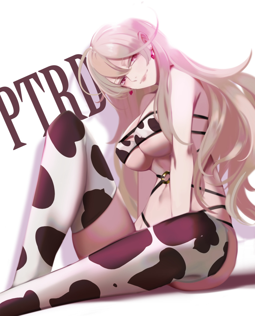 1girl absurdres animal_costume animal_print blonde_hair bra breasts character_name closed_mouth cow_costume cow_print earrings eyebrows_visible_through_hair from_side girls'_frontline hand_on_floor highres jewelry large_breasts lips long_hair looking_at_viewer mole mole_under_eye ohc. on_floor ptrd_(girls'_frontline) purple_eyes sitting smile solo thighhighs underwear white_background