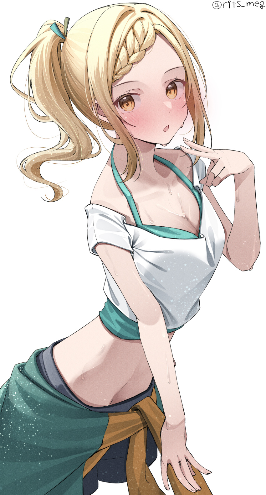 1girl absurdres black_shorts blonde_hair blush braid breasts cleavage clothes_around_waist cowboy_shot cropped_shirt green_jacket highres jacket jacket_around_waist kawai_ritsu_(rits_meg) looking_at_viewer love_live! love_live!_nijigasaki_high_school_idol_club medium_breasts medium_hair midriff miyashita_ai navel open_mouth ponytail shirt short_sleeves shorts simple_background single_braid solo sweat twitter_username white_background white_shirt yellow_eyes