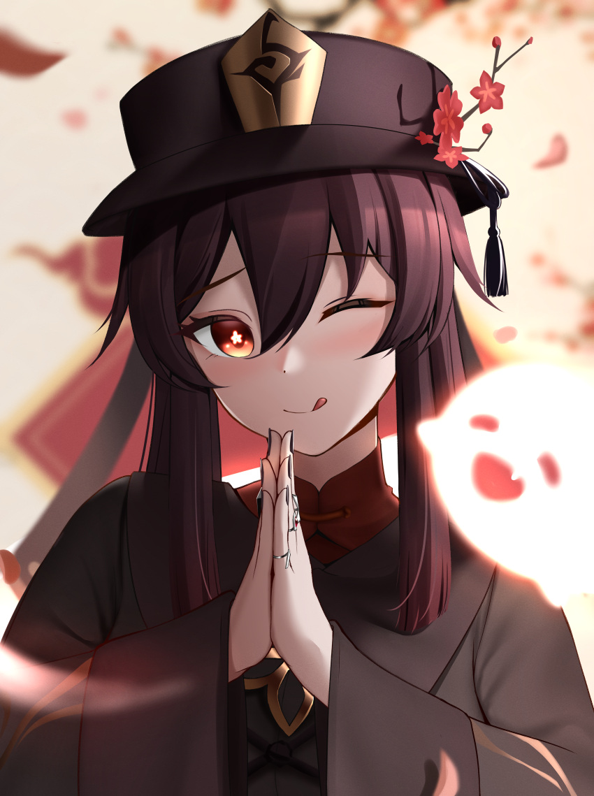 1girl ;q absurdres black_headwear black_nails blush brown_hair flower genshin_impact ghost highres hu_tao_(genshin_impact) jewelry long_hair long_sleeves looking_at_viewer nail_polish one_eye_closed own_hands_together perfellcsaiko plum_blossoms ring smile solo symbol-shaped_pupils tongue tongue_out twintails wide_sleeves