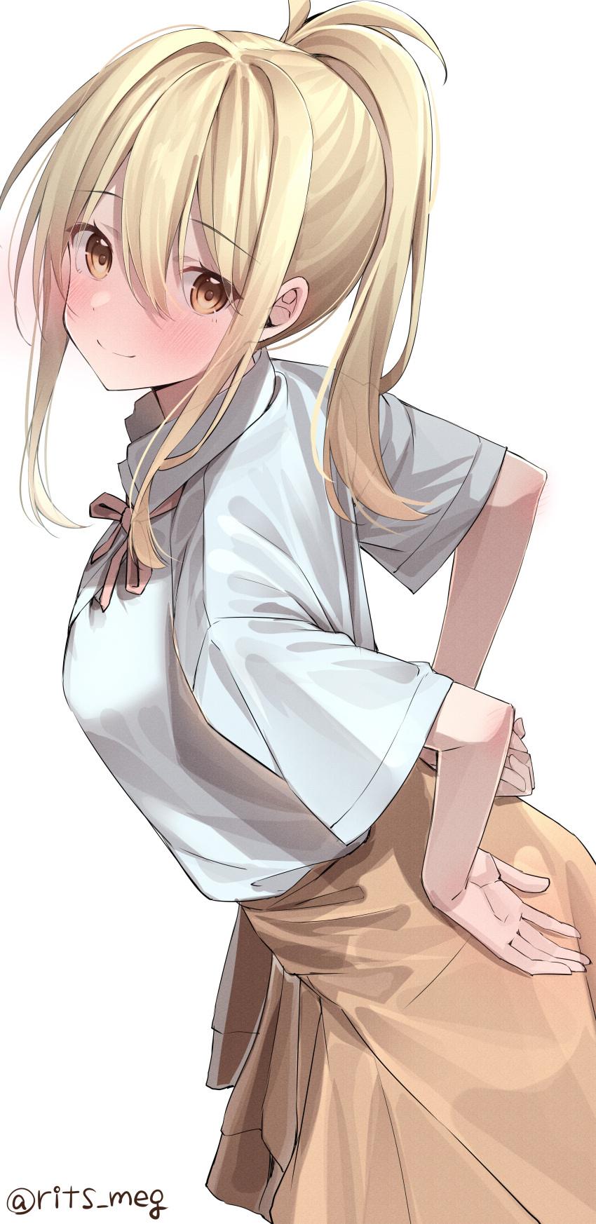 1girl absurdres artist_name blonde_hair blush breasts brown_sweater clothes_around_waist collared_shirt cowboy_shot eyebrows_visible_through_hair half_updo hands_on_hips highres kawai_ritsu_(rits_meg) leaning_to_the_side long_hair looking_at_viewer looking_to_the_side love_live! love_live!_nijigasaki_high_school_idol_club medium_breasts miyashita_ai nijigasaki_academy_uniform pink_neckwear pink_ribbon ponytail ribbon shirt short_sleeves simple_background smile solo sweater sweater_around_waist twitter_username white_background white_shirt