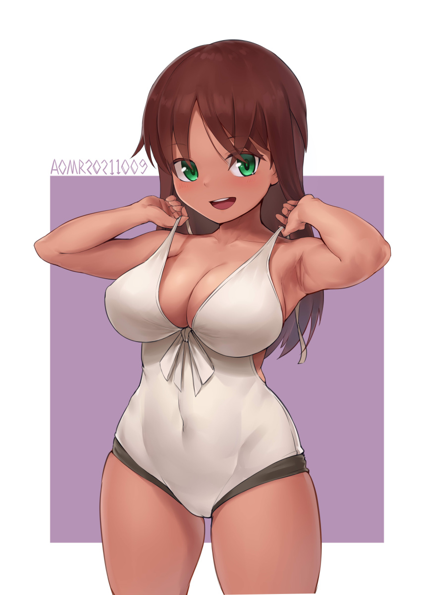 1girl :d absurdres alice_gear_aegis aomoro armpits bangs bare_arms blush breasts brown_hair cleavage commentary covered_navel cowboy_shot dark-skinned_female dark_skin dated dated_commentary green_eyes highres holding_strap kaneshiya_sitara large_breasts leotard long_hair looking_at_viewer open_mouth signature simple_background smile solo standing teeth upper_teeth white_leotard