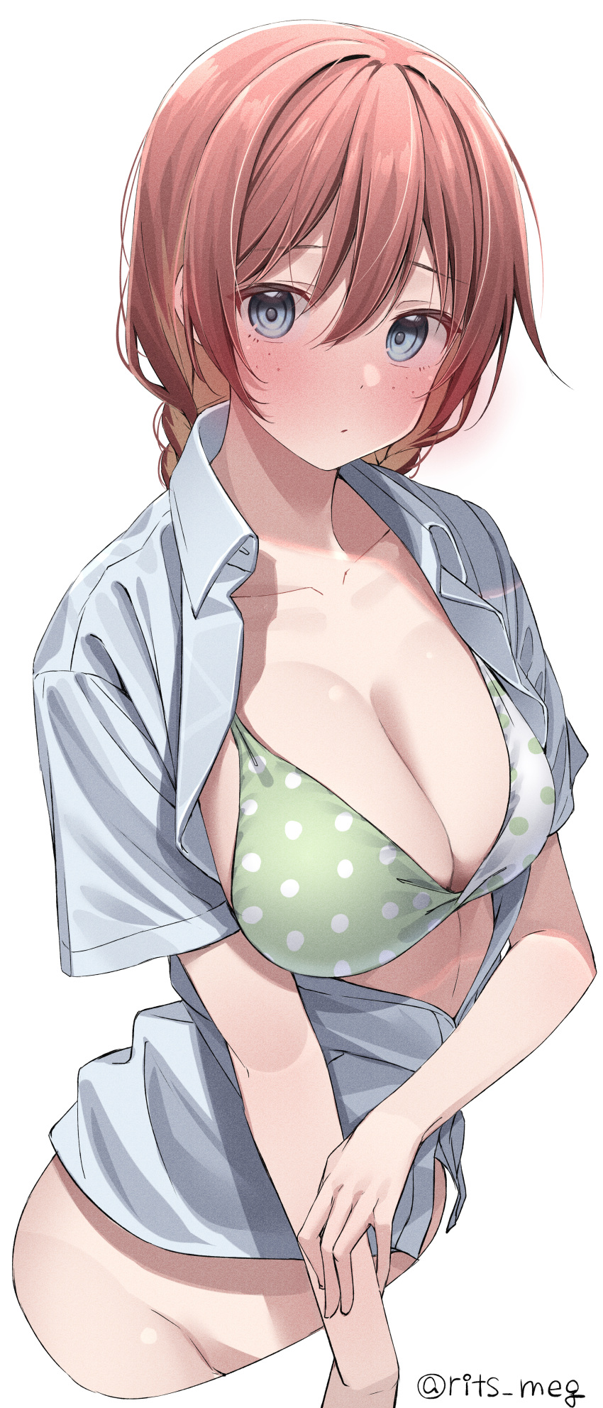 1girl absurdres bangs bikini bikini_top blue_eyes blush bottomless braid breasts cleavage collarbone collared_shirt commentary dress_shirt emma_verde eyebrows_visible_through_hair freckles green_bikini groin hair_between_eyes highres kawai_ritsu_(rits_meg) large_breasts looking_at_viewer love_live! love_live!_nijigasaki_high_school_idol_club open_clothes open_shirt out-of-frame_censoring partially_unbuttoned polka_dot polka_dot_bikini red_hair shirt short_sleeves simple_background solo swimsuit twitter_username two-tone_bikini two-tone_swimsuit white_background white_bikini wing_collar