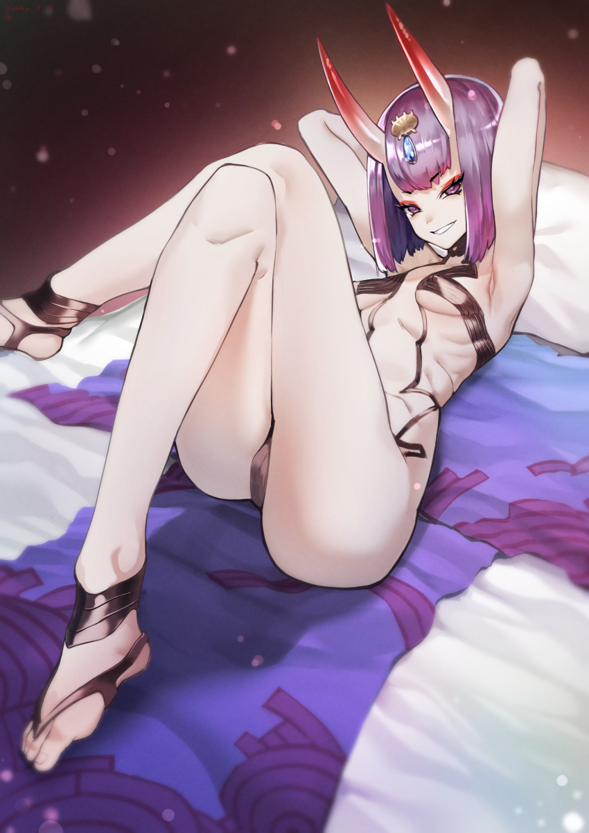 1girl absurdres armpits arms_behind_head arms_up bangs black_footwear bob_cut breasts crossed_legs eyebrows_visible_through_hair eyelashes eyeliner fate/grand_order fate_(series) headpiece highres horns legs looking_at_viewer lying makeup on_back oni oni_horns pillow purple_eyes purple_hair revealing_clothes ribs rx_hts short_eyebrows short_hair shuten_douji_(fate) skin-covered_horns small_breasts solo toeless_footwear