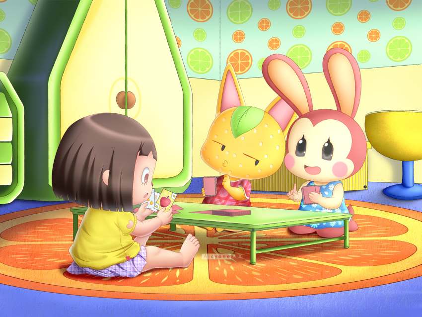 3girls alcyoneax animal_crossing artist_name barefoot black_eyes blue_shirt blush_stickers brown_eyes brown_hair bunnie_(animal_crossing) bunny card cheating_(competitive) child door indoors multiple_girls playing_card shirt short_hair sitting skirt table tangy_(animal_crossing) villager_(animal_crossing) yellow_shirt