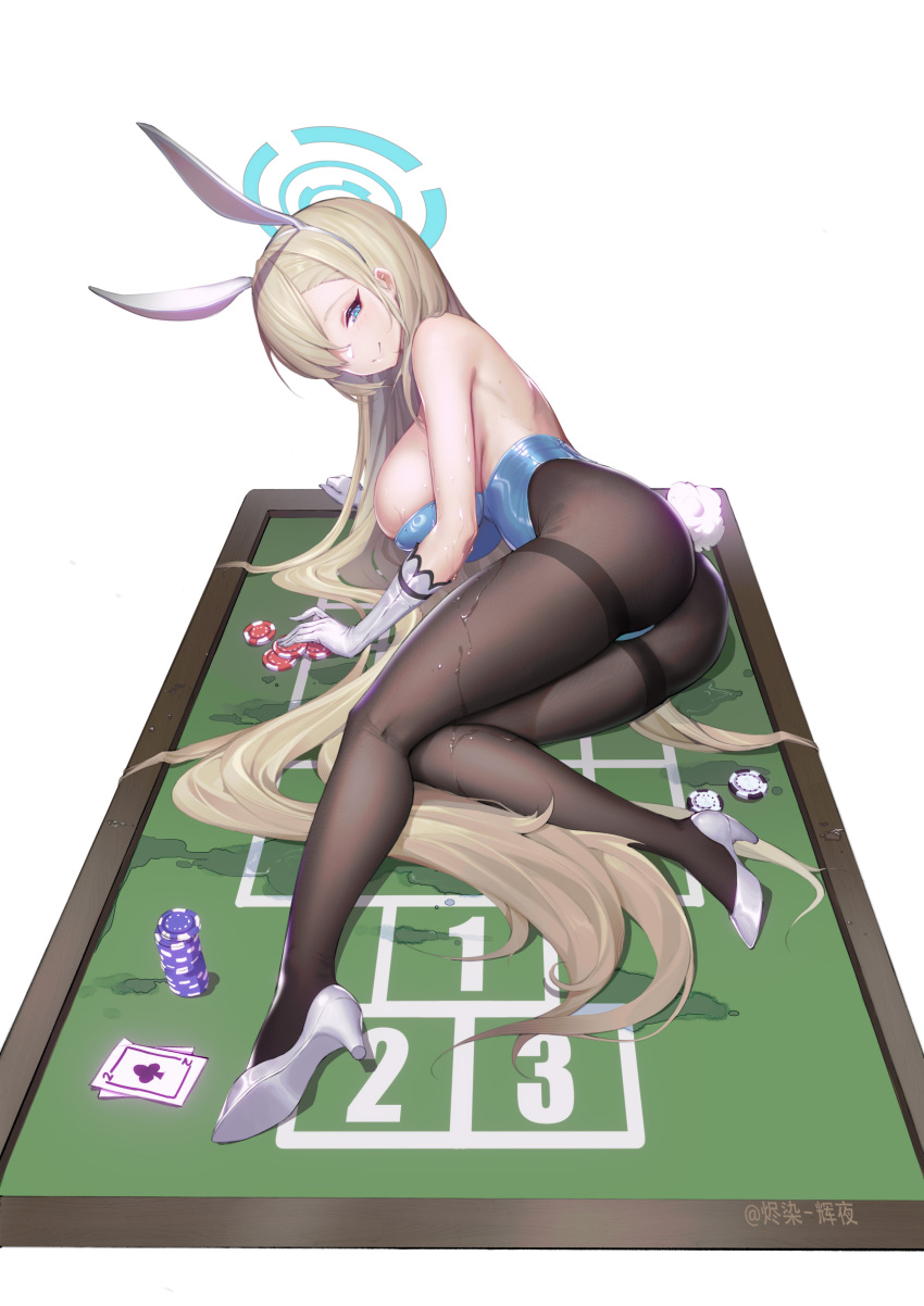 1girl absurdres animal_ears artist_name ass asuna_(blue_archive) bangs blonde_hair blue_archive blue_eyes blue_leotard breasts brown_legwear card casino_card_table closed_mouth commentary fake_animal_ears full_body gloves hair_over_one_eye hairband halo high_heels highres large_breasts lcy_bingzi leotard long_hair looking_at_viewer lying on_side pantyhose playboy_bunny playing_card poker_chip simple_background smile solo strapless strapless_leotard symbol-only_commentary thighband_pantyhose very_long_hair wet wet_legwear white_background white_footwear white_gloves white_hairband