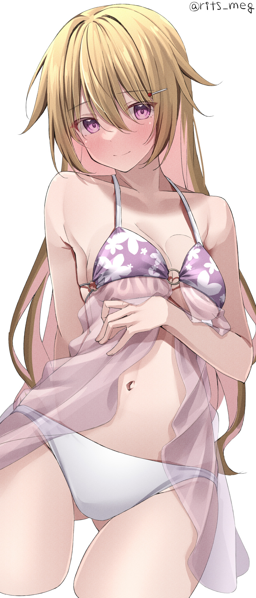 1girl absurdres ass_visible_through_thighs bikini blush breasts brown_hair cleavage floral_print hair_between_eyes hair_ornament hairclip highres kawai_ritsu_(rits_meg) konoe_kanata long_hair looking_at_viewer love_live! love_live!_nijigasaki_high_school_idol_club medium_breasts mismatched_bikini navel o-ring o-ring_bikini purple_bikini purple_eyes see-through simple_background smile solo swimsuit twitter_username wavy_hair white_background white_bikini