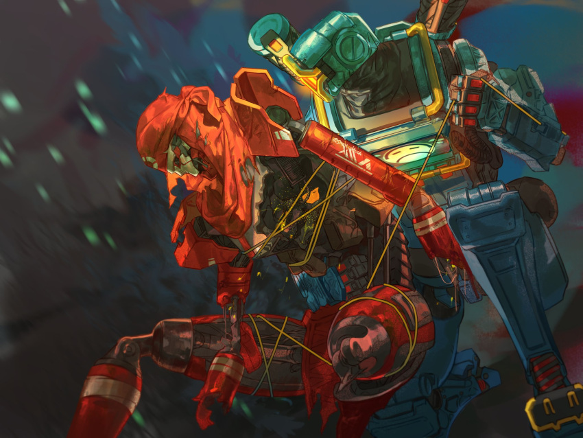 2boys apex_legends black_eyes bound damaged english_commentary glowing glowing_eye highres humanoid_robot korean_commentary looking_down looking_to_the_side missing_limb mixed-language_commentary multiple_boys no_humans one-eyed one_knee orange_eyes pathfinder_(apex_legends) red_bandana red_scarf revenant_(apex_legends) scarf science_fiction sitting small_dduck tied_up_(nonsexual)