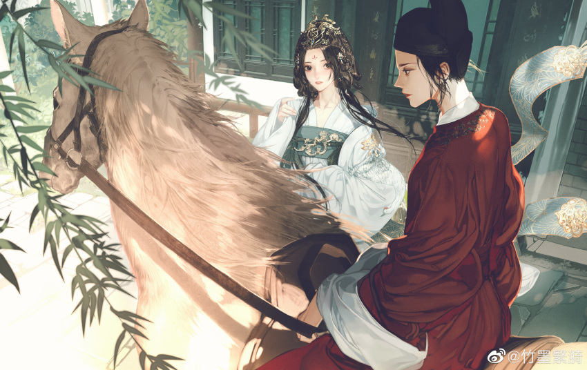 1boy 1girl absurdres bamboo bangs black_hair chinese_clothes facial_mark forehead_mark hanfu hat highres horse long_hair long_sleeves original outdoors parted_bangs sitting_on_animal white_horse wide_sleeves zhu_mo_fan_yi