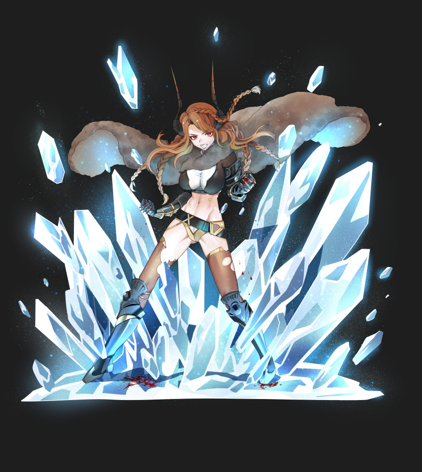 1girl absurdres angry ass blood boots braid breasts brown_hair cape commission commissioner_upload crystal demon_horns downscaled fur_cape highres horns jin_amber large_breasts original red_eyes resized solo standing tara_(riftdevils) teeth