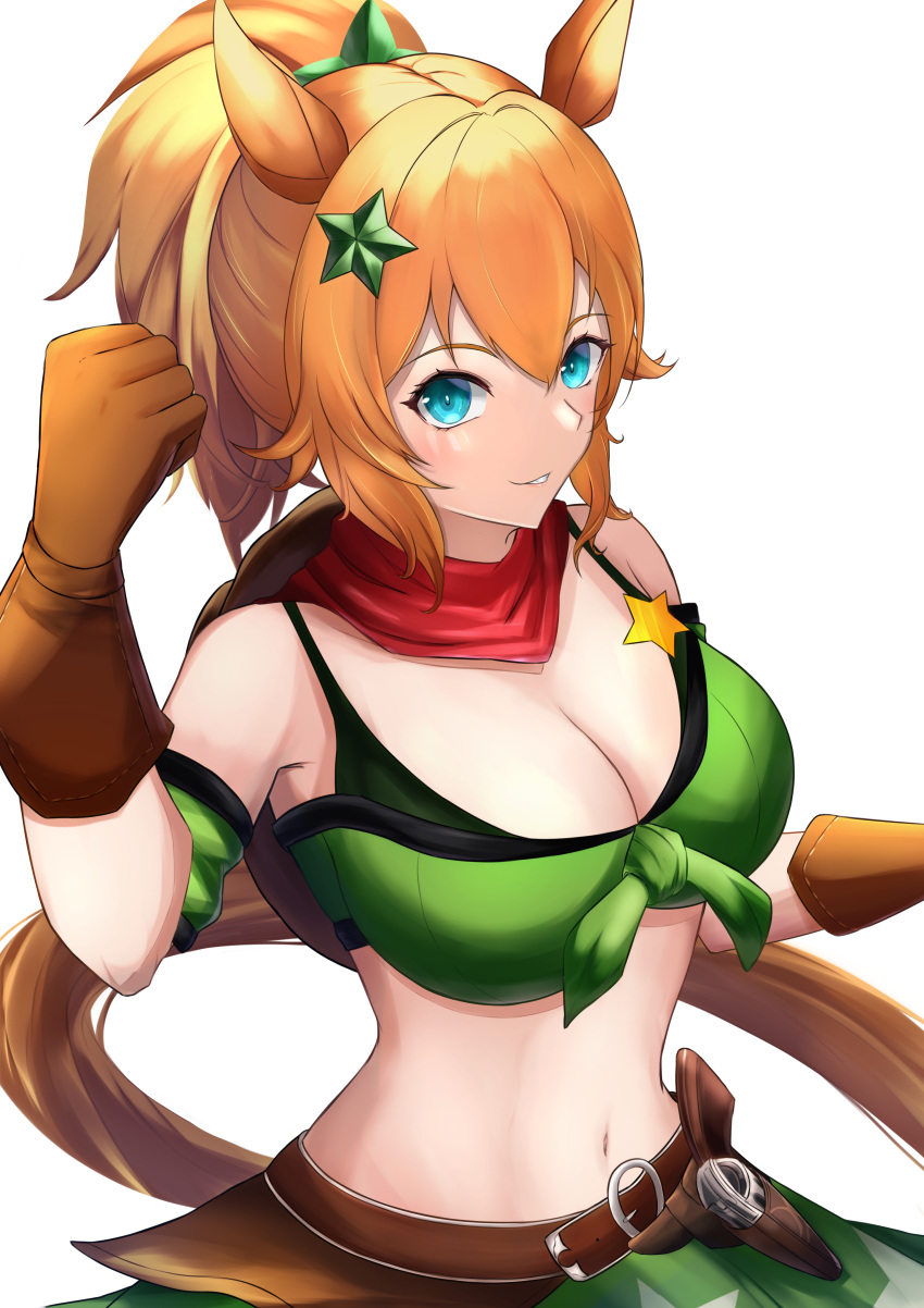 1girl absurdres animal_ears bandeau bangs bare_shoulders belt bikini bikini_under_clothes blue_eyes breasts brown_belt brown_gloves cleavage clenched_hand commentary_request detached_sleeves front-tie_top gloves green_bandeau green_skirt green_tube_top grin hair_ornament hand_up highres horse_ears large_breasts long_hair looking_at_viewer midriff navel orange_hair parted_lips partial_commentary simple_background skirt smile solo souma_(so_u_maaaaa) star_(symbol) star_hair_ornament stomach strapless swimsuit taiki_shuttle_(umamusume) tail tube_top umamusume upper_body white_background