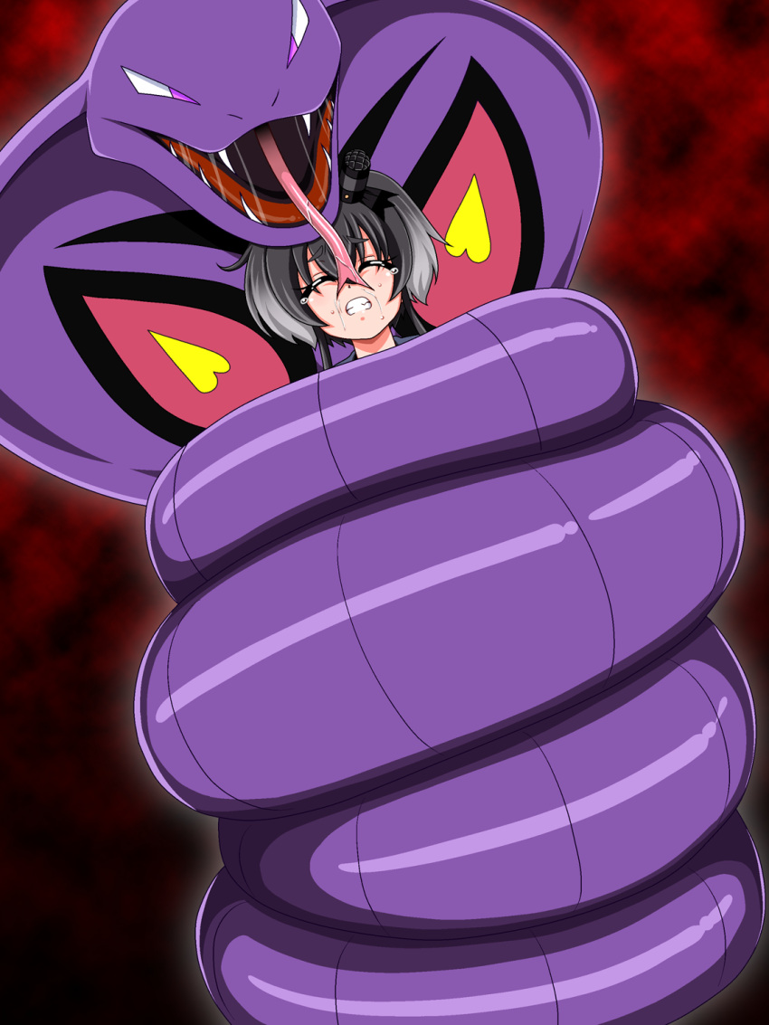1girl arbok black_hair closed_eyes cobra_(animal) commentary_request constriction crossover fangs hat highres kantai_collection mini_hat open_mouth pokemon pokemon_(creature) red_background saliva short_hair short_hair_with_long_locks sidelocks smokestack_hair_ornament snake strangling tokitsukaze_(kancolle) tongue tongue_out yaeba