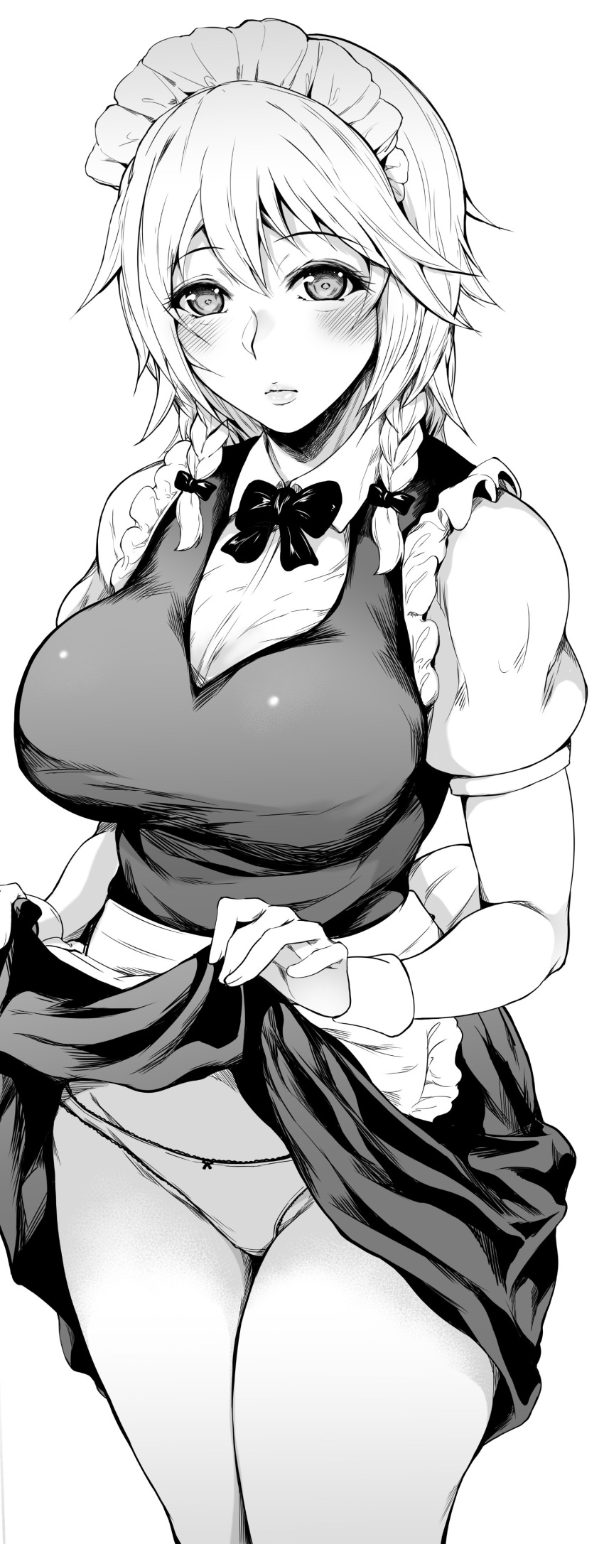 1girl absurdres apron bow bowtie braid breasts clothes_lift greyscale highres izayoi_sakuya large_breasts lifted_by_self lips looking_at_viewer maid_headdress mayonaka_taruho monochrome panties shirt short_hair silver_hair simple_background skirt skirt_lift solo thick_thighs thighs touhou twin_braids underwear vest waist_apron white_background white_shirt