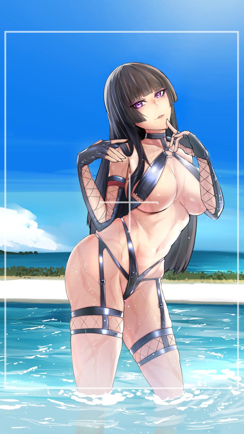 1girl absurdres bangs bare_shoulders black_hair blue_sky blunt_bangs breasts cleavage dead_or_alive detached_sleeves finger_to_mouth fingerless_gloves fishnet_sleeves gloves head_tilt highres index_finger_raised large_breasts looking_at_viewer midriff mole mole_under_mouth navel nyotengu o-ring o-ring_bikini parted_lips photo_shoot pool purple_eyes revealing_clothes sky solo swimsuit thick_thighs thigh_strap thighs tierla wet wide_hips