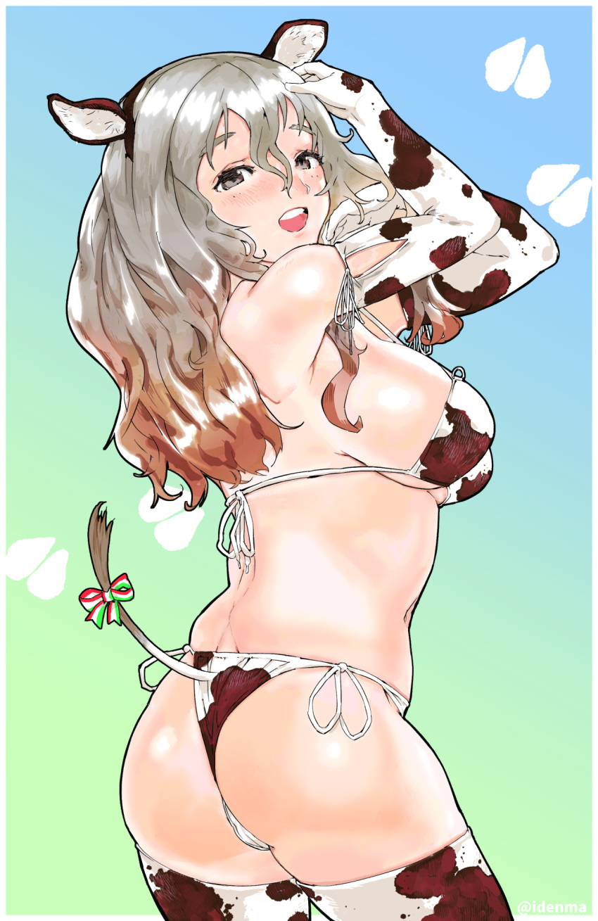 1girl animal_ears animal_print ass bikini blue_background breasts brown_eyes cow_ears cow_print cow_tail cowboy_shot fake_animal_ears from_behind gradient gradient_background grey_hair highres igarasy kantai_collection large_breasts open_mouth pola_(kancolle) round_teeth side-tie_bikini smile solo standing swimsuit tail teeth thighhighs upper_teeth wavy_hair white_bikini white_legwear