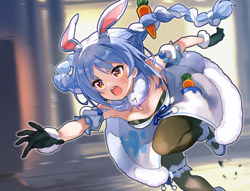 1girl animal_ear_fluff animal_ears black_gloves black_legwear blue_hair braid bunny-shaped_pupils carrot carrot_hair_ornament coat commentary_request detached_sleeves don-chan_(usada_pekora) focused food-themed_hair_ornament fur-trimmed_coat fur-trimmed_gloves fur_scarf fur_trim gloves hair_ornament hololive leg_garter leotard leotard_under_clothes long_hair mary_janes multicolored_hair orange_eyes pantyhose puffy_short_sleeves puffy_sleeves rabbit_ears rabbit_girl sakino_shingetsu shoes short_eyebrows short_sleeves solo strapless strapless_coat strapless_leotard sweatdrop symbol-shaped_pupils thick_eyebrows twin_braids twintails two-tone_hair usada_pekora virtual_youtuber white_coat white_footwear white_hair white_sleeves