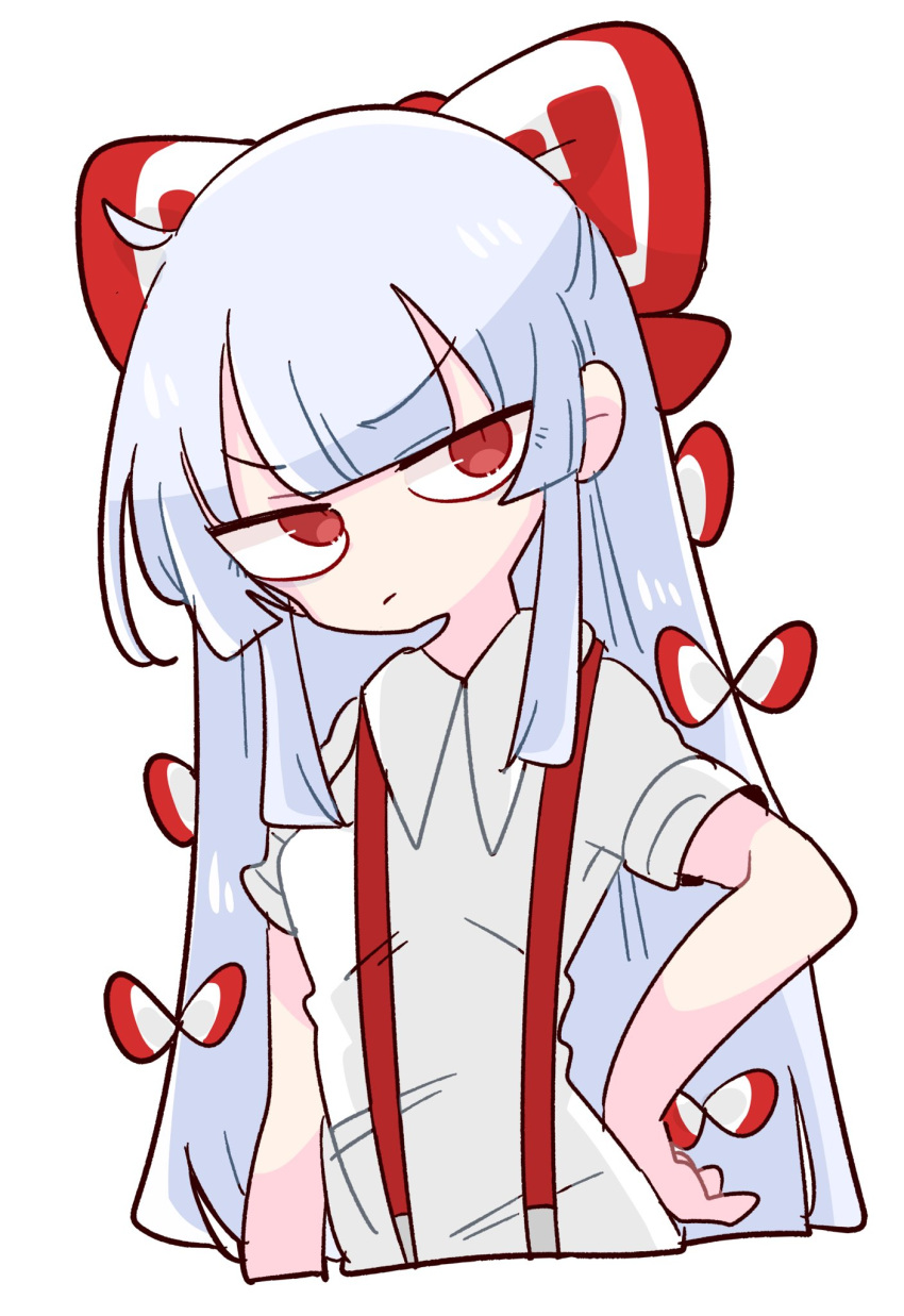 1girl bangs bow breasts fujiwara_no_mokou hair_bow hand_on_hip highres hime_cut long_hair looking_to_the_side op_na_yarou red_eyes shirt short_sleeves sidelocks simple_background small_breasts solo suspenders touhou very_long_hair white_background white_bow white_hair white_shirt