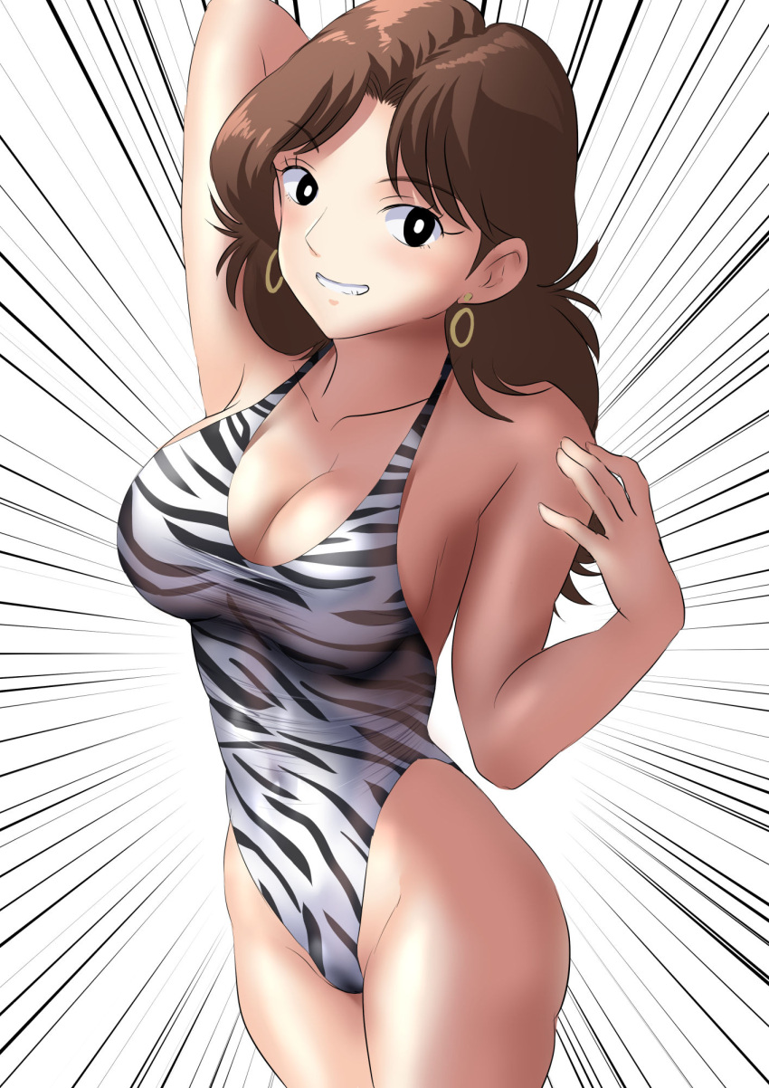 1girl animal_print black_eyes breasts bright_pupils brown_hair casual_one-piece_swimsuit cleavage collarbone cowboy_shot earrings emphasis_lines grin hanamura_noriko highleg highleg_swimsuit highres hoop_earrings jewelry large_breasts looking_at_viewer oishinbo one-piece_swimsuit sen_(sansui) smile solo swimsuit tiger_print white_background white_pupils