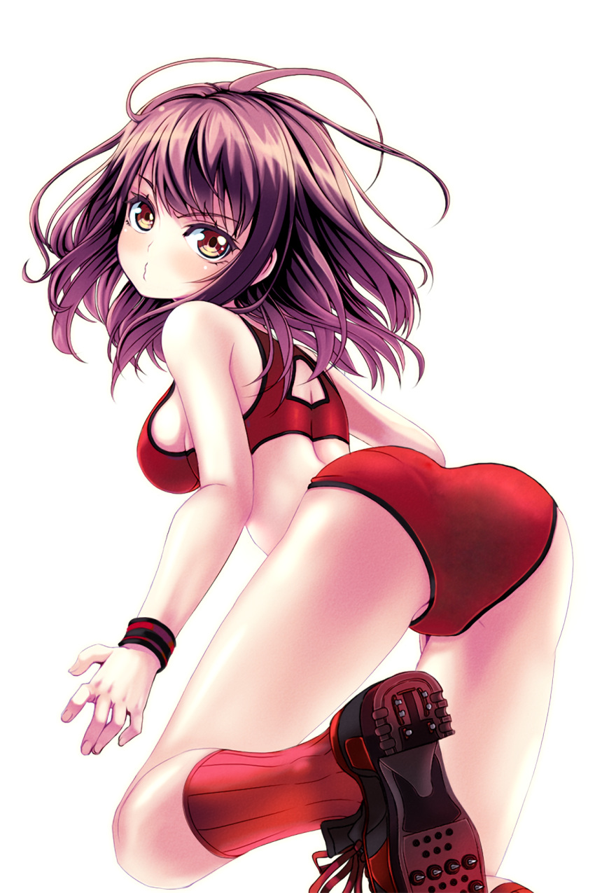 1girl ass bikini breasts cleats highres jill_(soccer_spirits) large_breasts looking_at_viewer o3o official_art partially_visible_vulva purple_hair reason_(ficafe) red_bikini red_eyes red_footwear resized shirt shoe_soles shoes short_hair soccer_spirits socks swimsuit transparent_background upscaled white_shirt