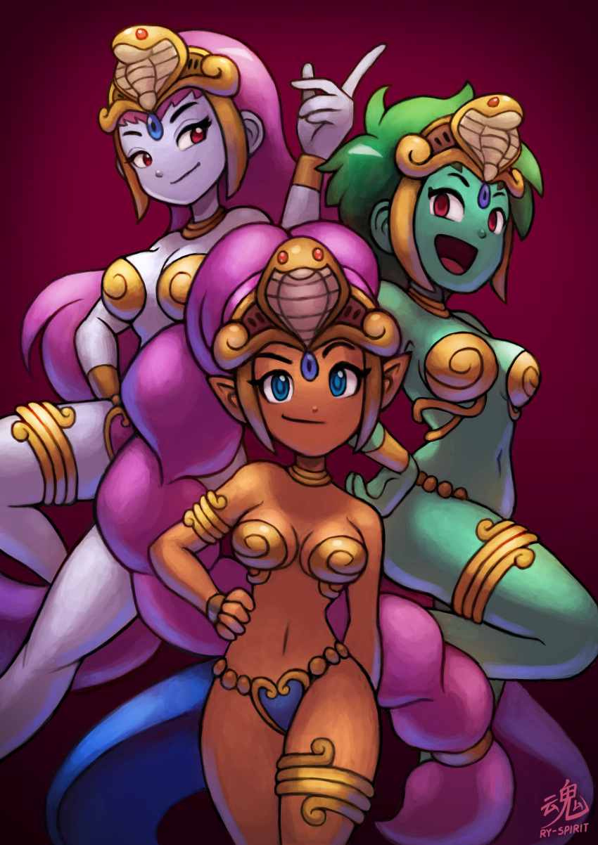 3girls absurdres armlet bracelet breasts cleavage colored_skin commission dark-skinned_female dark_skin green_hair green_skin hand_on_hip highres jewelry long_hair multiple_girls official_alternate_costume purple_hair purple_skin risky_boots rottytops ry-spirit shantae shantae_(series) shantae_and_the_pirate's_curse short_hair smile thighlet tiara very_long_hair