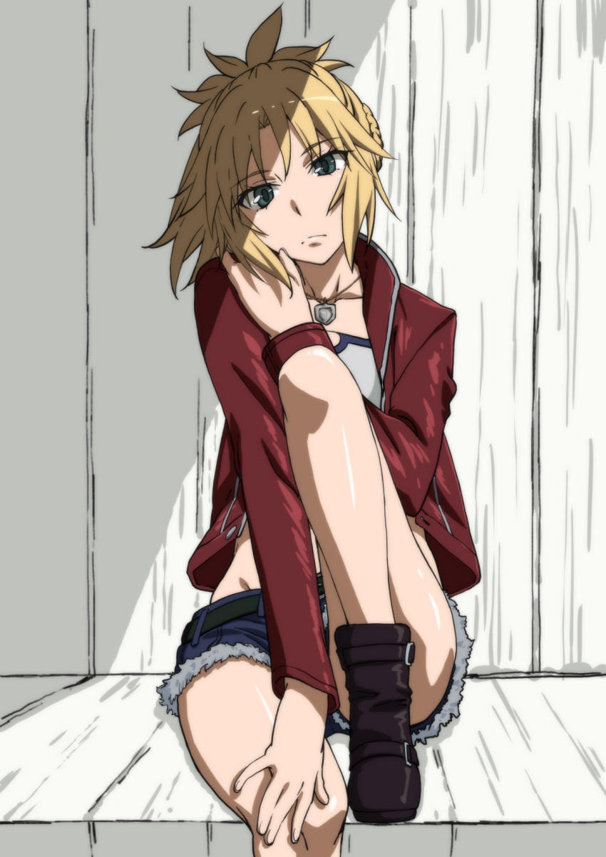 1girl bandeau bangs blonde_hair boots braid collarbone commentary_request crown_braid cutoffs denim denim_shorts eyebrows_visible_through_hair fate/apocrypha fate/grand_order fate_(series) green_eyes head_rest highres jack-o'-lantern jacket jewelry leg_up looking_at_viewer midriff mordred_(fate) mordred_(fate/apocrypha) necklace partial_commentary red_jacket short_shorts shorts simple_background sitting solo white_background yuukami_(wittsu)